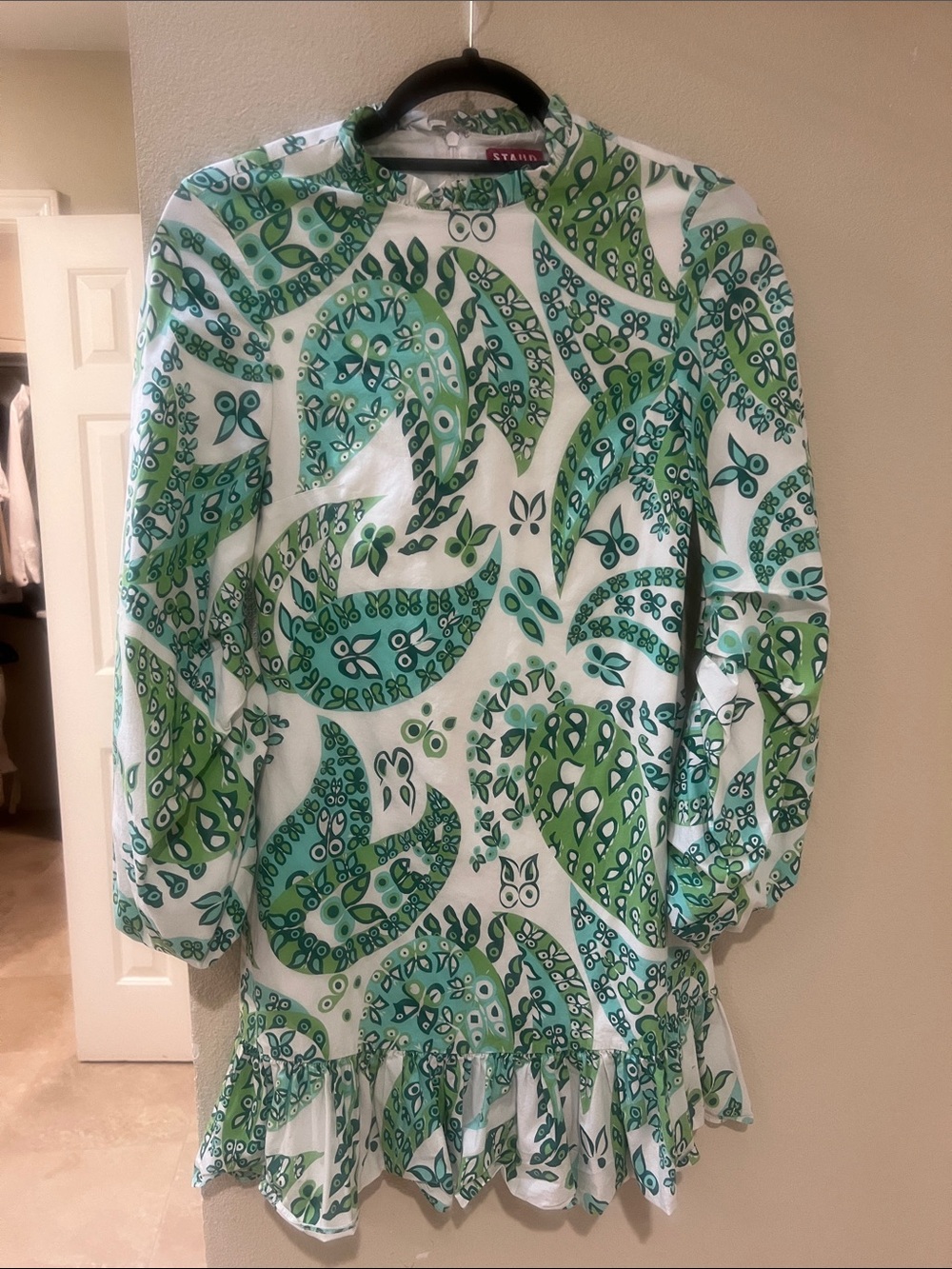 STAUD White Mini Dress with Green Paisley Print and Ruffle Hem